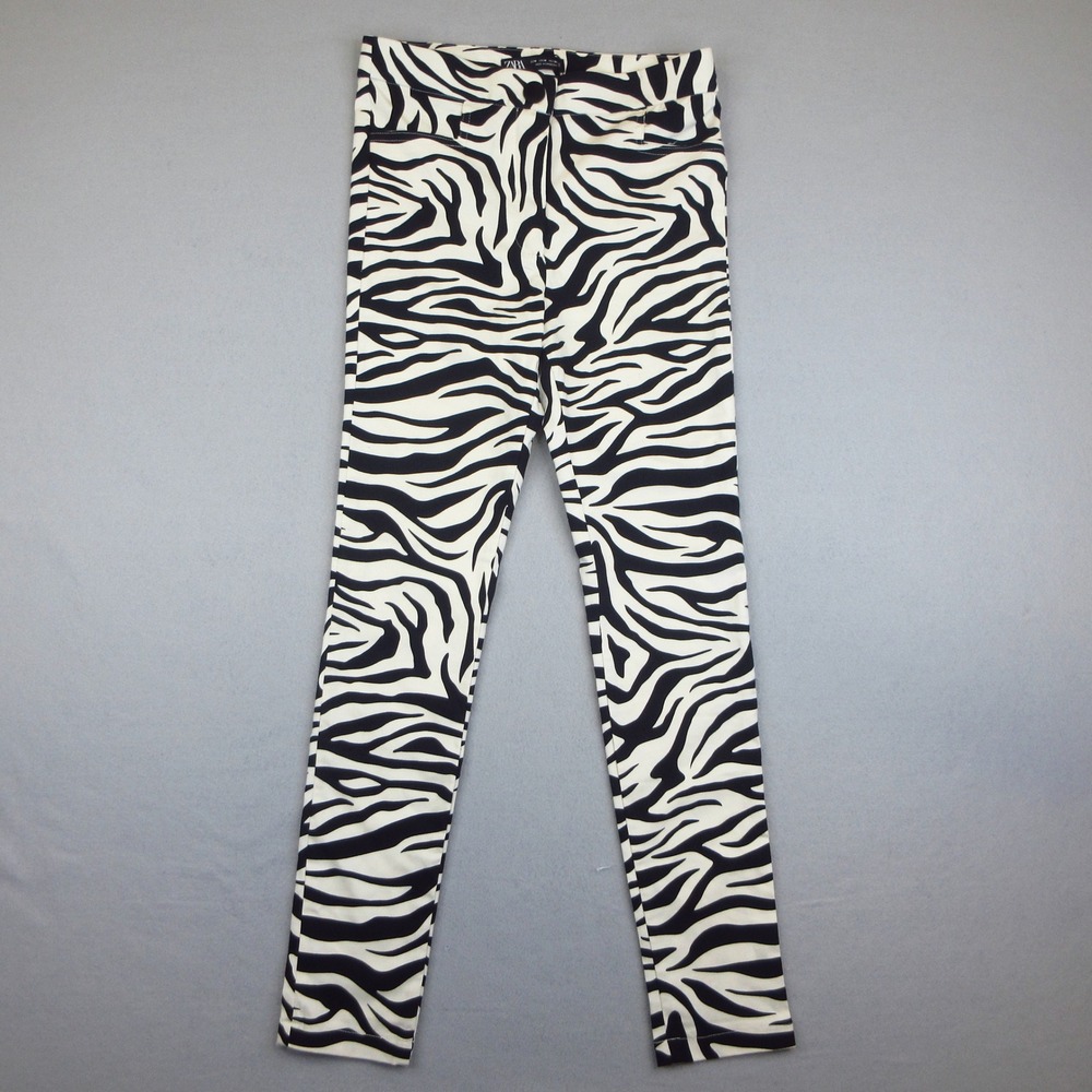 Zara Pants Women Size M Black Light Cream Zebra Print High Waisted Slim NWOT‎